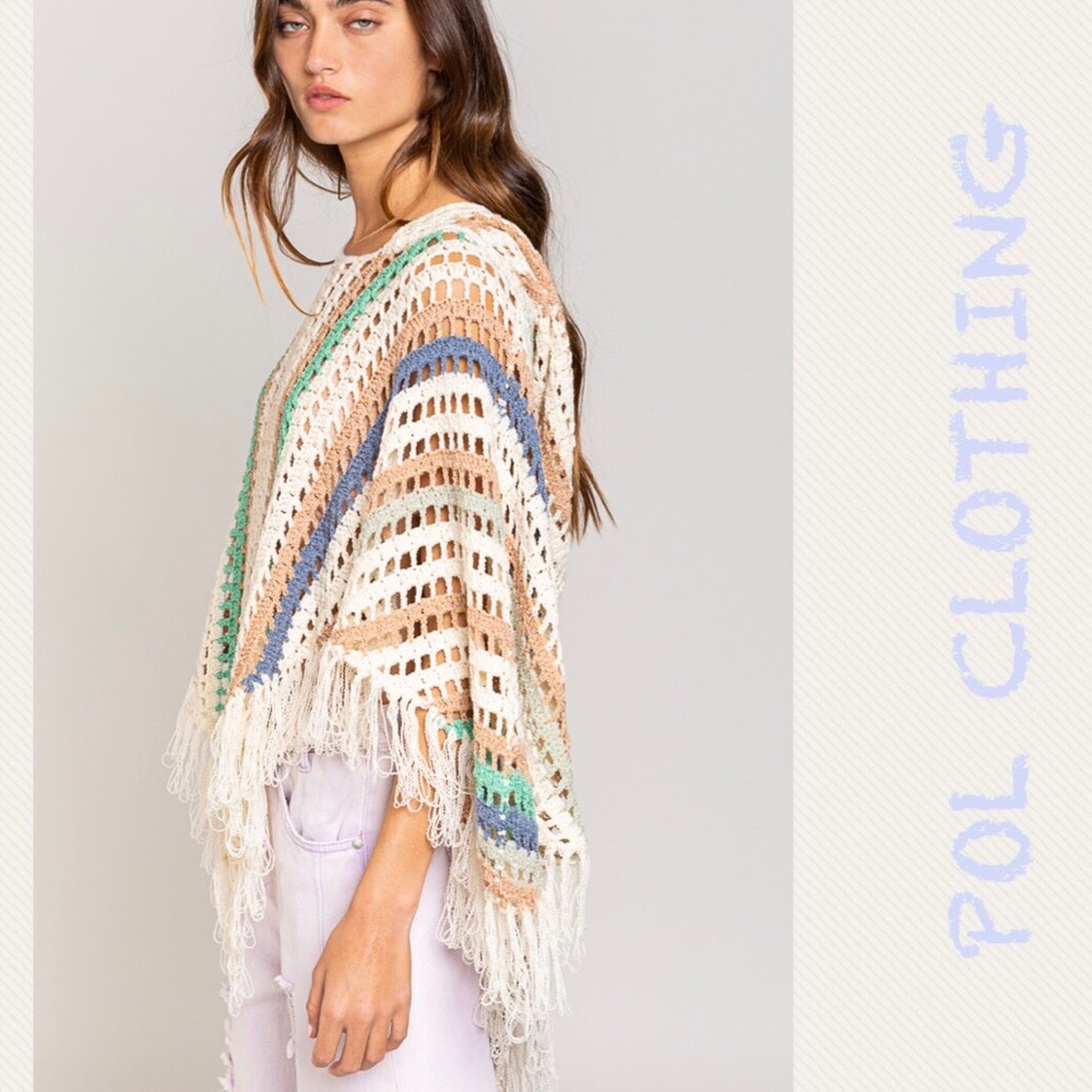 POL CLOTHING Bikini cover up crochet style fringe hoodie stripe cream sweater - Picture 3 of 10